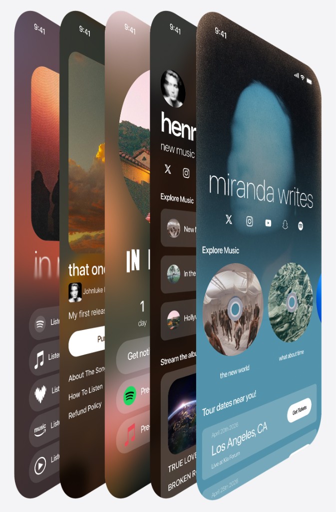 Custom link in bio themes on Dimensions shown across multiple phone mockups
