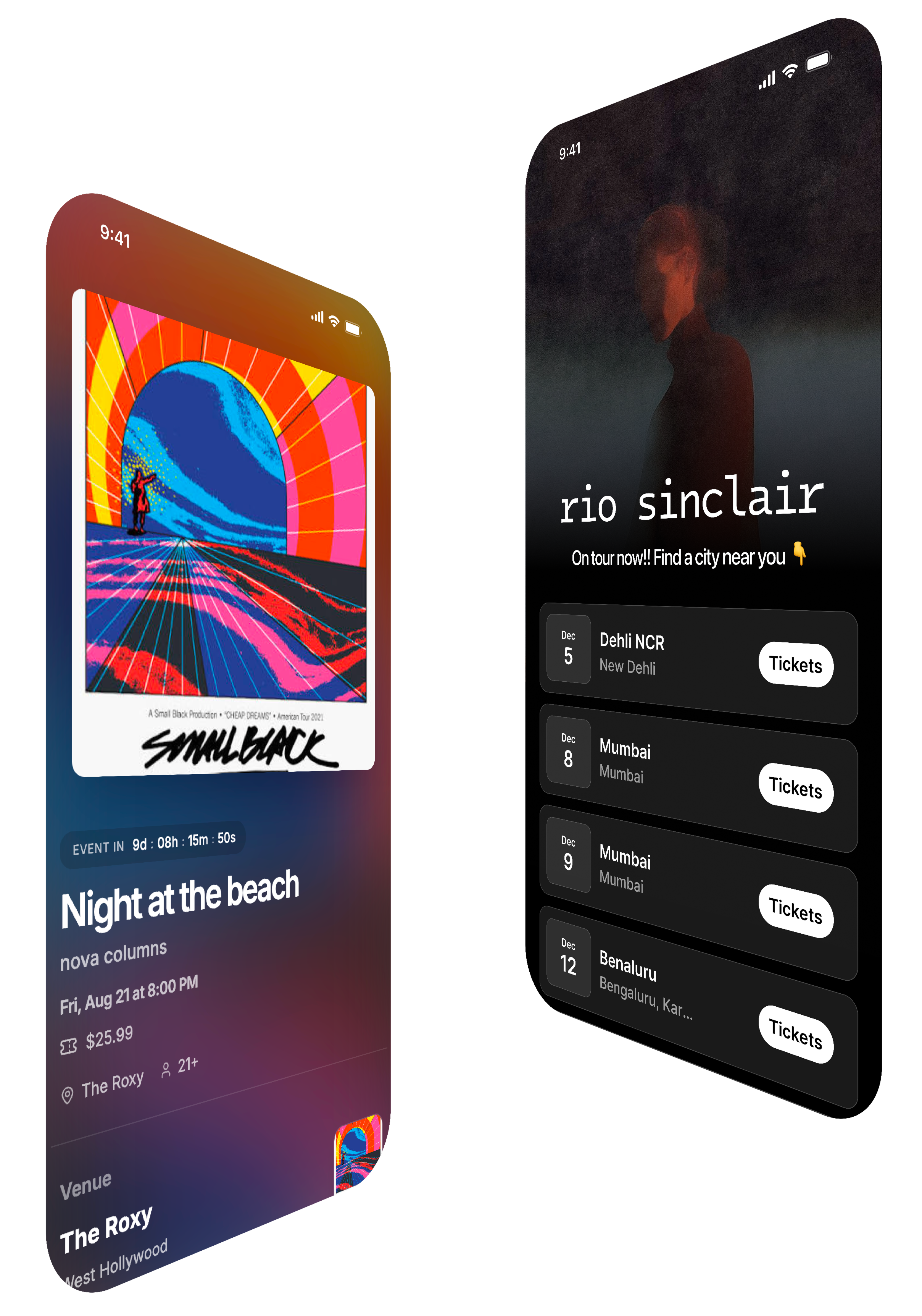 Two Dimensions artist pages for a single event and a tour with dates and ticket links