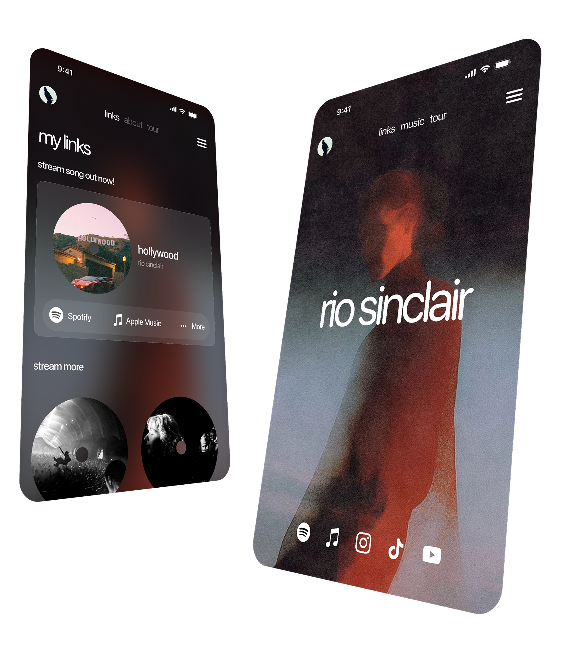 Two Dimensions artist website pages for Rio Sinclair—links and home—shown on phones